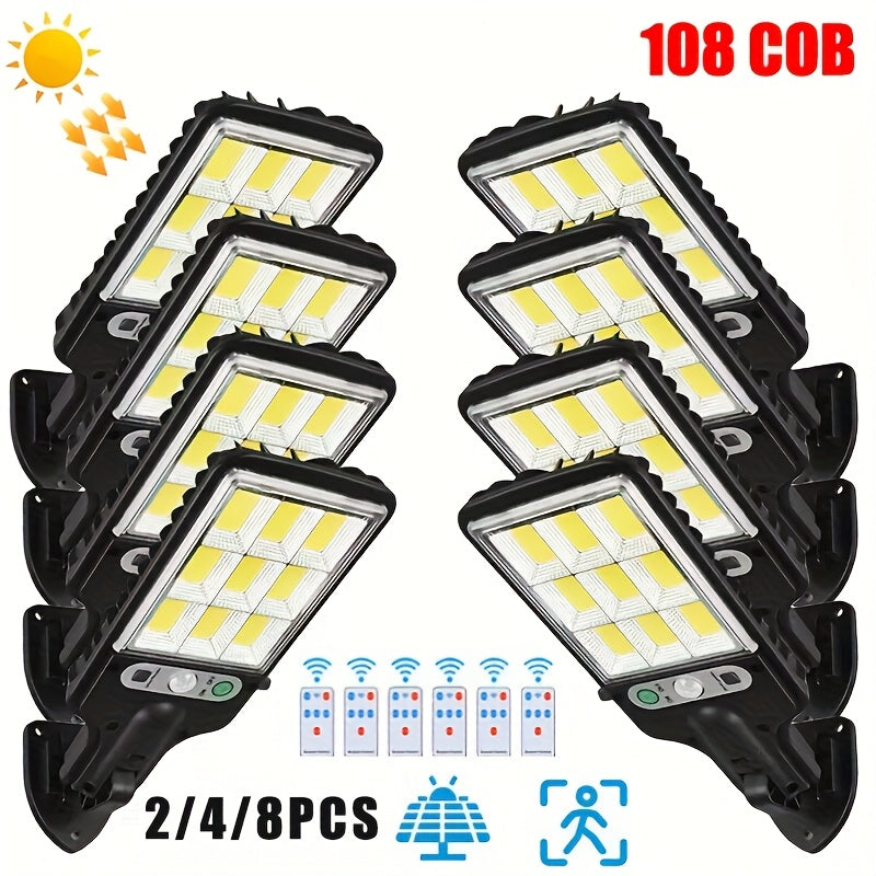 Lampioni Solari da 8/4/2 pz, Luce Solare da Esterno con Telecomando, 108 LED IP65, 3 Modalità di Illuminazione, Irradiatore Solare con Sensore di Movimento PIR, Lampada da Parete di Sicurezza per Esterno, Cortile, Stadio, Area Giochi, Giardino, Patio, Dec