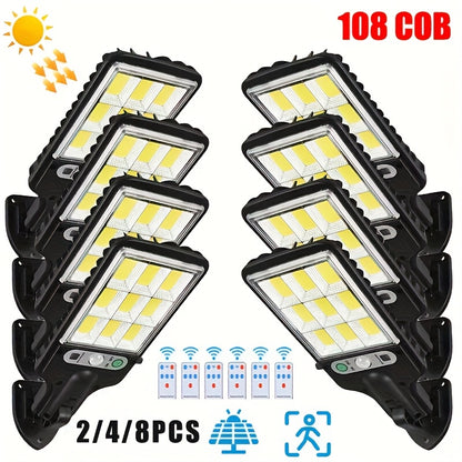 Lampioni Solari da 8/4/2 pz, Luce Solare da Esterno con Telecomando, 108 LED IP65, 3 Modalità di Illuminazione, Irradiatore Solare con Sensore di Movimento PIR, Lampada da Parete di Sicurezza per Esterno, Cortile, Stadio, Area Giochi, Giardino, Patio, Dec