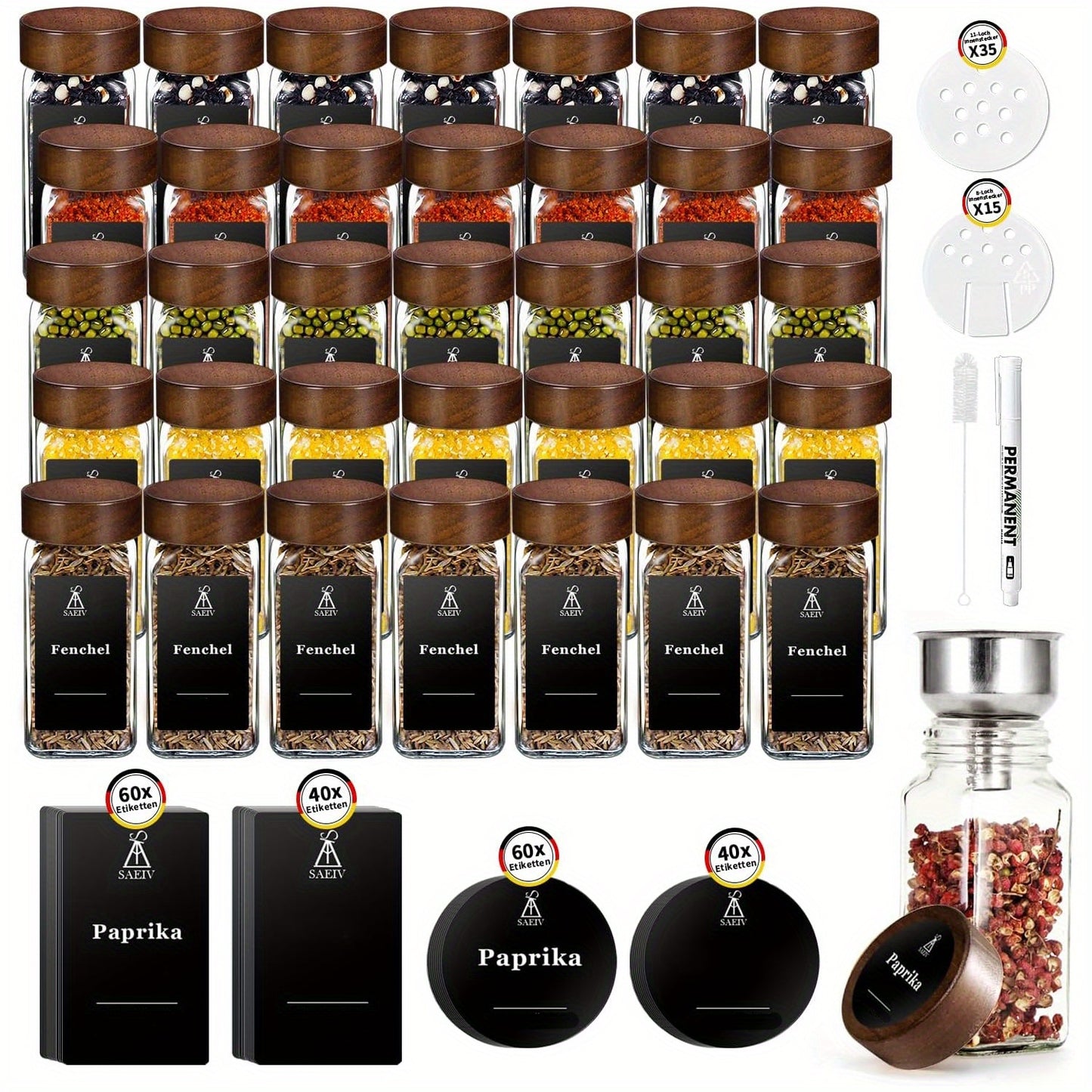 Confezione da 12/24/35 Barattoli Quadrati per Spezie da 120ml con Coperchi in Legno di Acacia | Contenitori in Vetro Borosilicato, Etichette Incorporate & Dispenser Shaker | Barattoli Premium per Erbe e Condimenti da Cucina