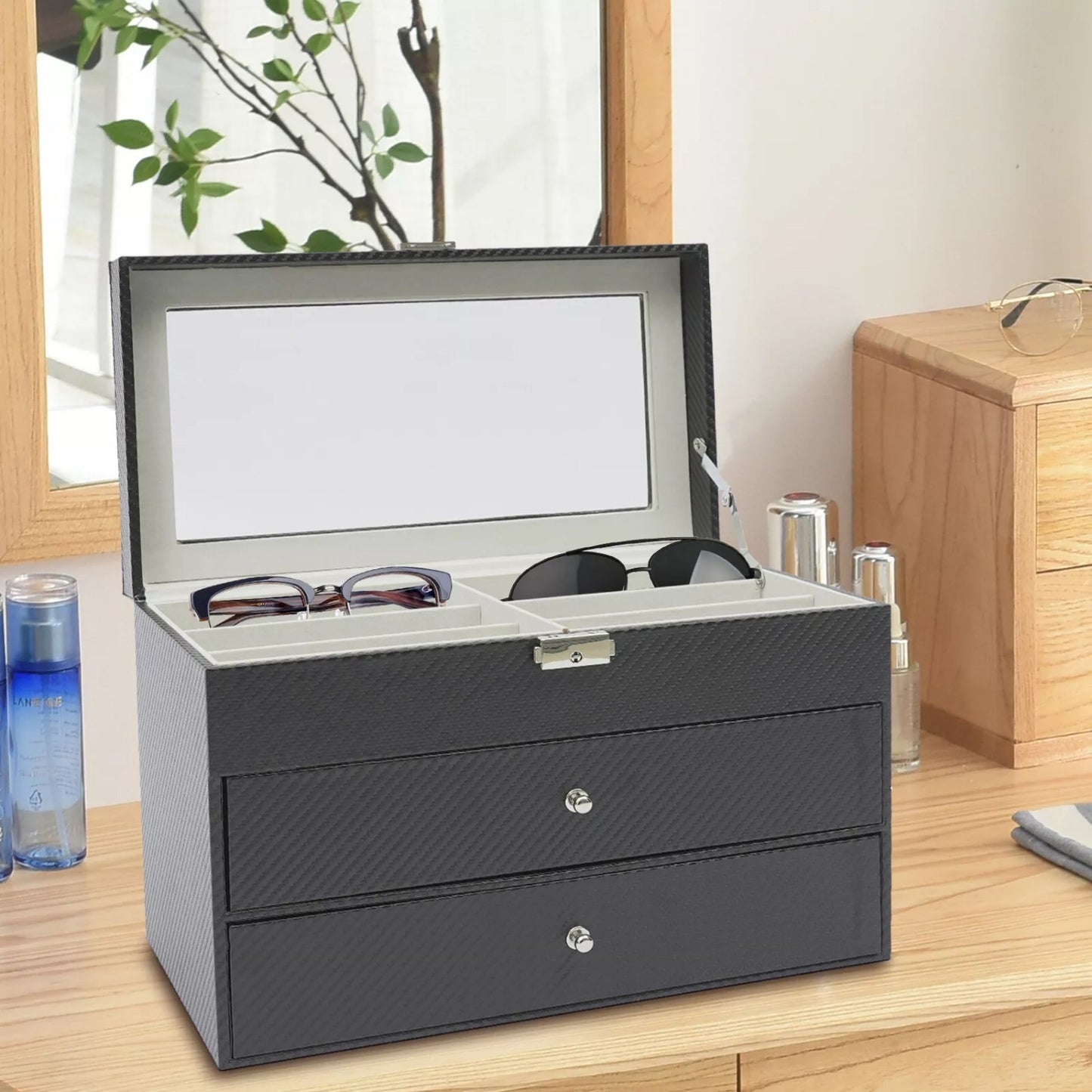 Custodia organizer portaocchiali per donna e uomo - Portaoggetti portaocchiali da esposizione con cassetto e coperchio in vetro