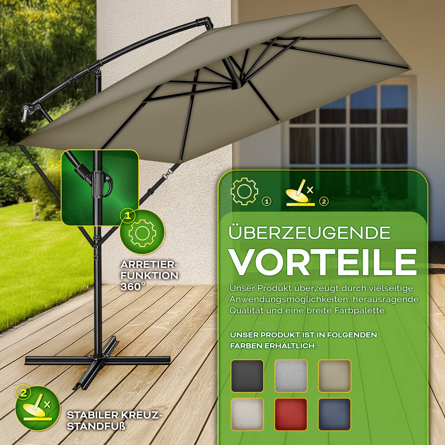 Tillvex® Parasole Rettangolare in Alluminio Ø 330 Cm + Copertura con Manovella | Schermo Angolare a Luce Rossa con Supporto & Parabrezza | Grande Parasole da Giardino in Alluminio Protezione UV | Schermo con Manovella Impermeabile Girevole a 360° per Terr