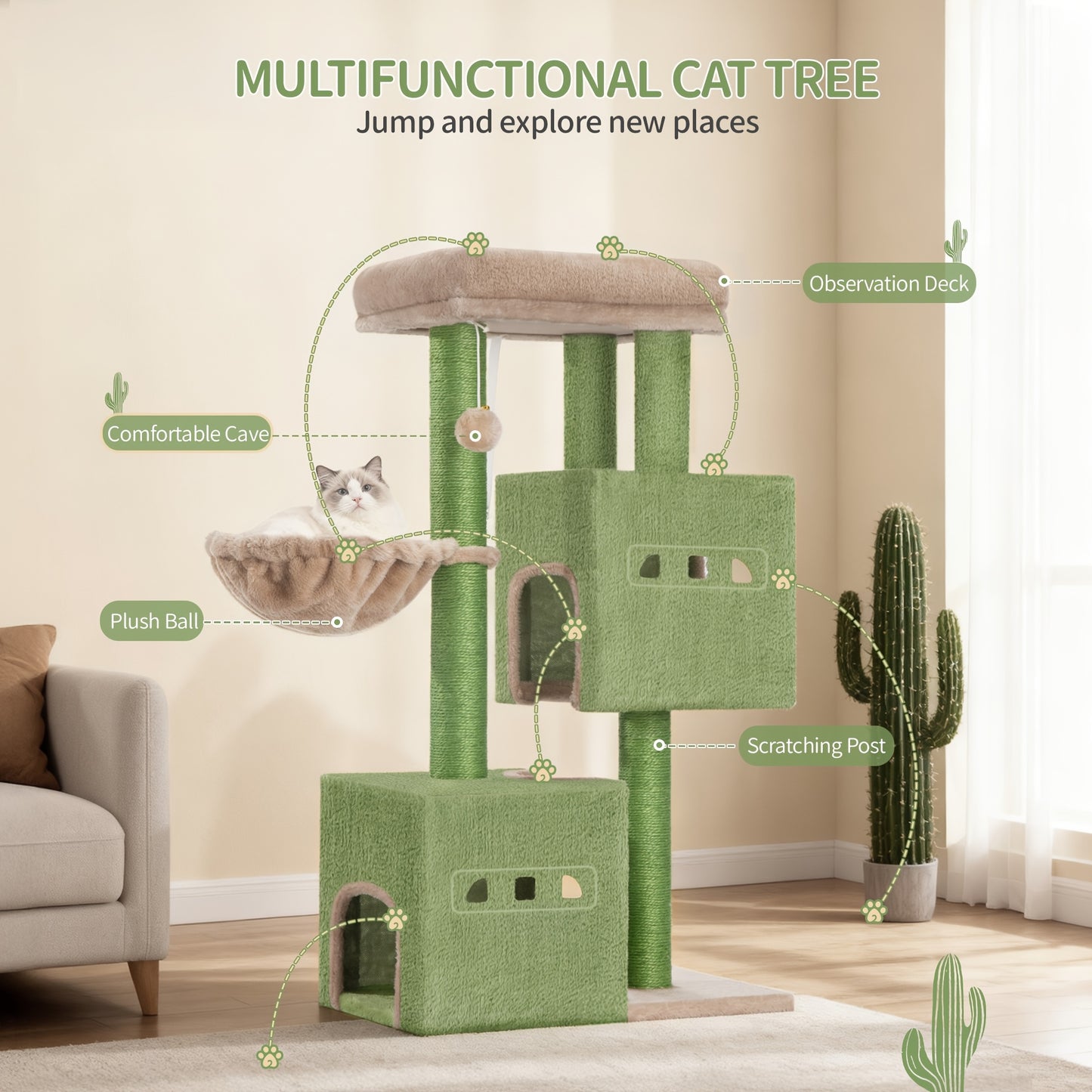 Tiragraffi per gatti, albero da gioco stabile da 98 cm, tiragraffi con ampia area per sdraiarsi, grotta per gatti, pali in sisal, cesto, palline di peluche, albero da gioco per mobili per gatti