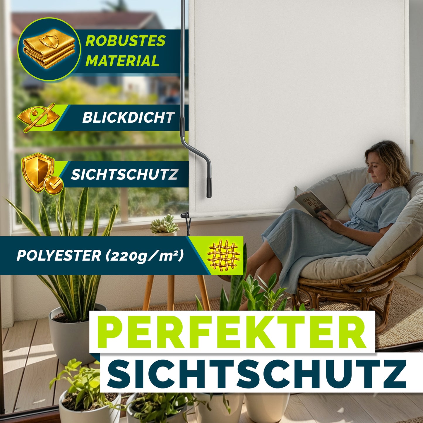 Tenda Verticale Tillvex® per Interni ed Esterni | Tenda Avvolgibile Impermeabile con Manovella per Balcone, Terrazza e Giardino | Tenda Avvolgibile in Alluminio per Protezione Solare | Schermo Privacy per Esterni