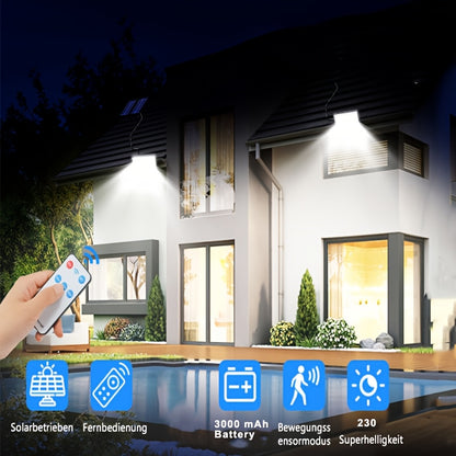 2/1 pz Lampade Solari da Parete, con Telecomando, Luce Solare da Giardino per Esterni, Sensore di Movimento PIR, 3 Modalità di Illuminazione, IP65, con Cavo da 5M, Lampada Solare da Giardino 2In1 per Interni ed Esterni, 230LED, Grandangolo, per Cortile, S