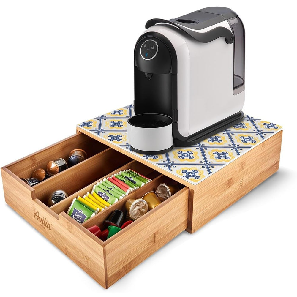 Porta cialde Organizer Bambù per Cialde con Vetro Temperato Organizer Capsule Caffè Cassetto Porta Oggetti Cassetto Minuteria Mobiletto Porta Tè Cassetto Cucito 4 Scomparti Separati