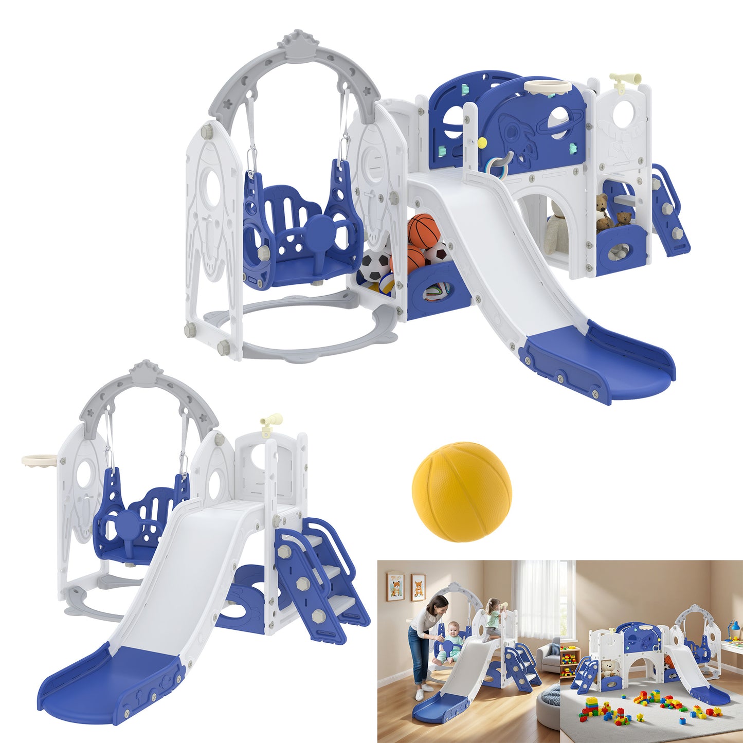 Scivolo per bambini, parco giochi con canestro da basket, telescopio, altalena, scivolo e scaletta, scivolo da giardino, struttura per altalena, altalena per bambini, da 1 a 3 anni per interni ed esterni, Gioco Interattivo,Attività Divertenti,Costruzione