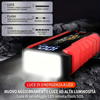 Avviatore di emergenza per auto KOPUO 6000A Peak 12V con display LCD e ricarica rapida, booster di batteria portatile per motori a benzina da 8,0L/diesel da 7,5L, kit di emergenza con torcia stroboscopica LED SOS per veicoli