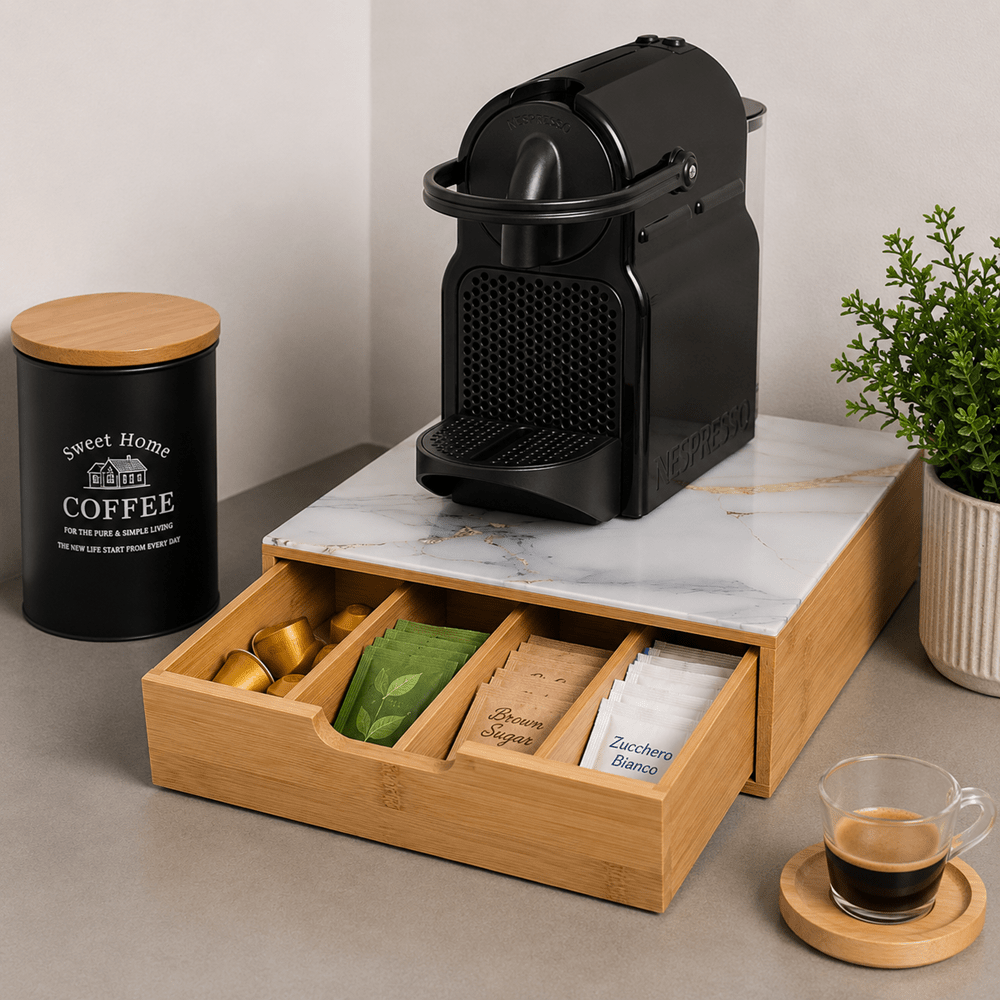 Porta cialde Organizer Bambù per Cialde con Vetro Temperato Organizer Capsule Caffè Cassetto Porta Oggetti Cassetto Minuteria Mobiletto Porta Tè Cassetto Cucito 4 Scomparti Separati