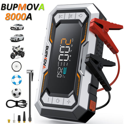 Avviatore di emergenza per auto 8000A con compressore d'aria, pompa di gonfiaggio cordless per pneumatici, booster di batteria con power bank e torce a LED, doppio display della pressione dell'aria
