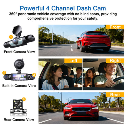BCUOZ Kit Telecamera Auto 360° Panoramica 3/4 Lente 1080P Full HD, 1080P Anteriore e 720P Posteriore/Sinistra/Destra Copertura Totale, Display Quad-Screen, Super Visione Notturna, WDR, G-Sensor, Registrazione in Loop - Accessori Auto/Cam Dash Cam/Cassa Ne