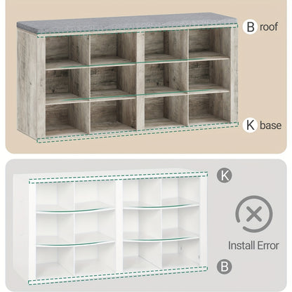 Panchina Portascarpe, Scaffale per Scarpe con Seduta, Panchina con Contenitore, Cuscino, 12 Scomparti, per Soggiorno, Ingresso, Camera da Letto, Bianco-grigio