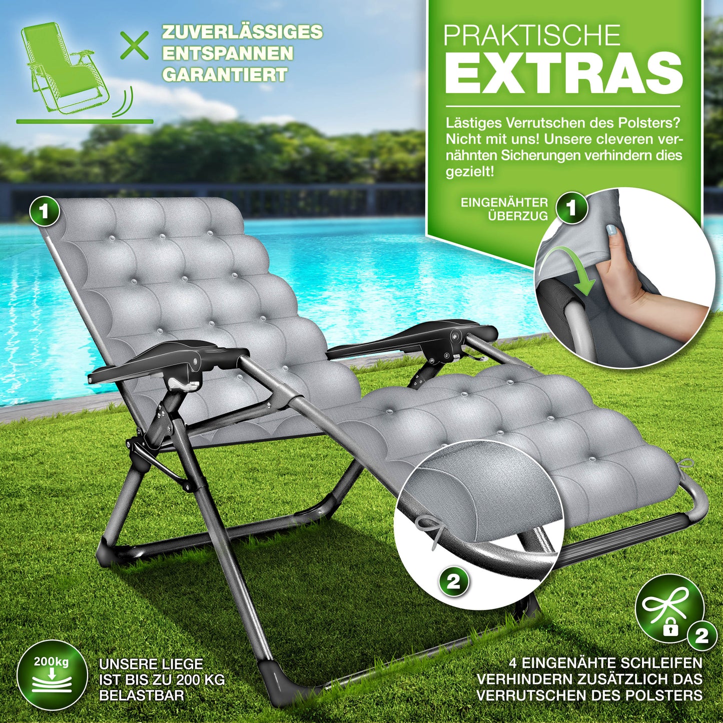 Tillvex® Poltrona Reclinabile Pieghevole Fino a 200Kg Lettino Parasole da Esterno per Giardino con Cuscino Resistente alle Intemperie Balcone, Giardino & Terrazza Lounge Esterno Regolabile con Imbottitura Spessa Poltrona Reclinabile Pieghevole Extra Larga