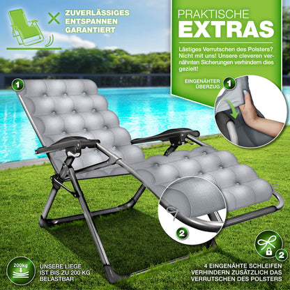 Tillvex® Poltrona Reclinabile Pieghevole Fino a 200Kg Lettino Parasole da Esterno per Giardino con Cuscino Resistente alle Intemperie Balcone, Giardino & Terrazza Lounge Esterno Regolabile con Imbottitura Spessa Poltrona Reclinabile Pieghevole Extra Larga