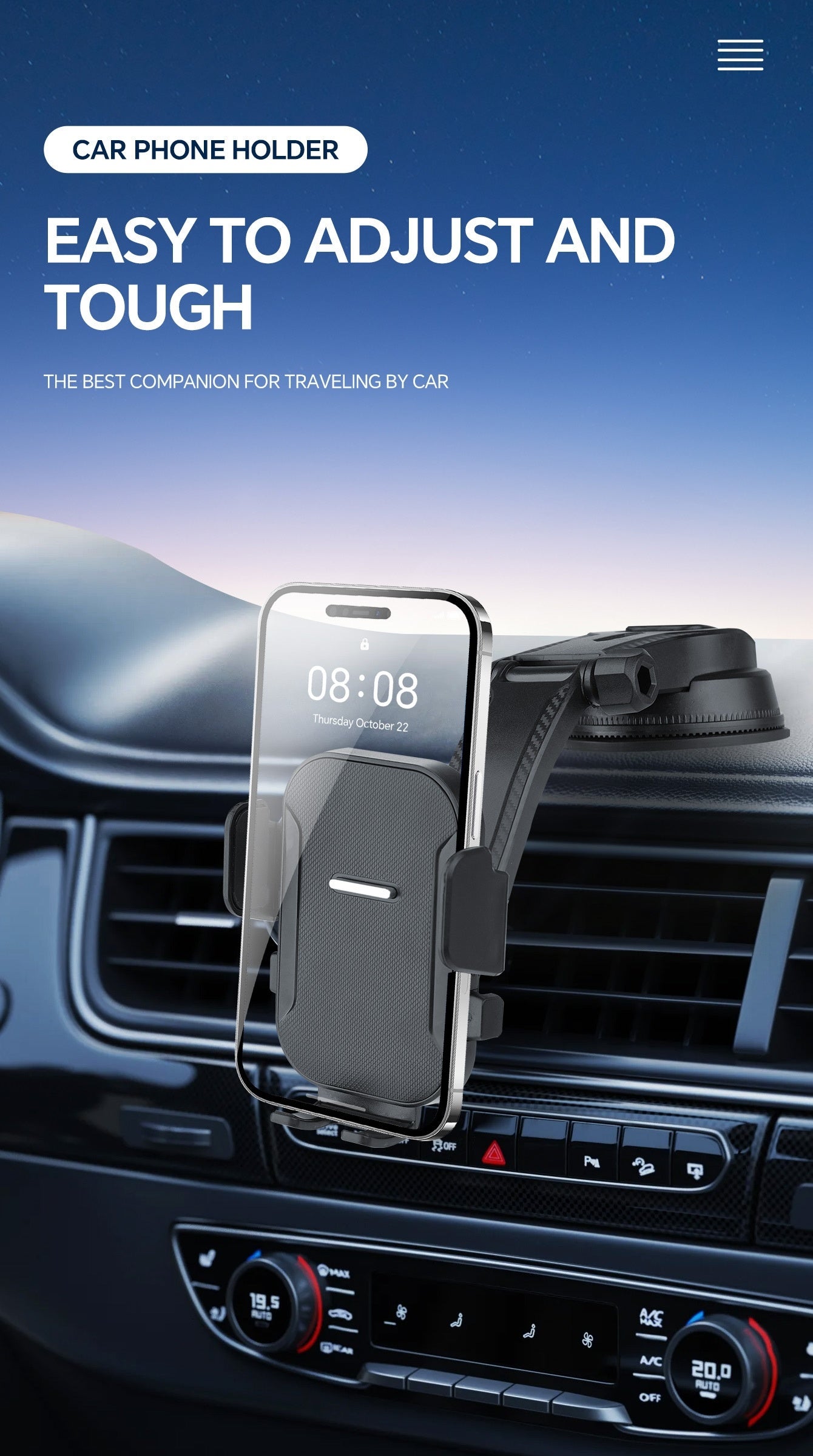 Supporto Auto per Telefono Aggiornato - Braccio Regolabile con Impugnatura Ergonomica, Forte Ventosa e Design Ellittico, Compatibile con iPhone, Samsung, Smartphone Android, General Motors, Accessori alla Moda, Tappetino Antiscivolo con Texture