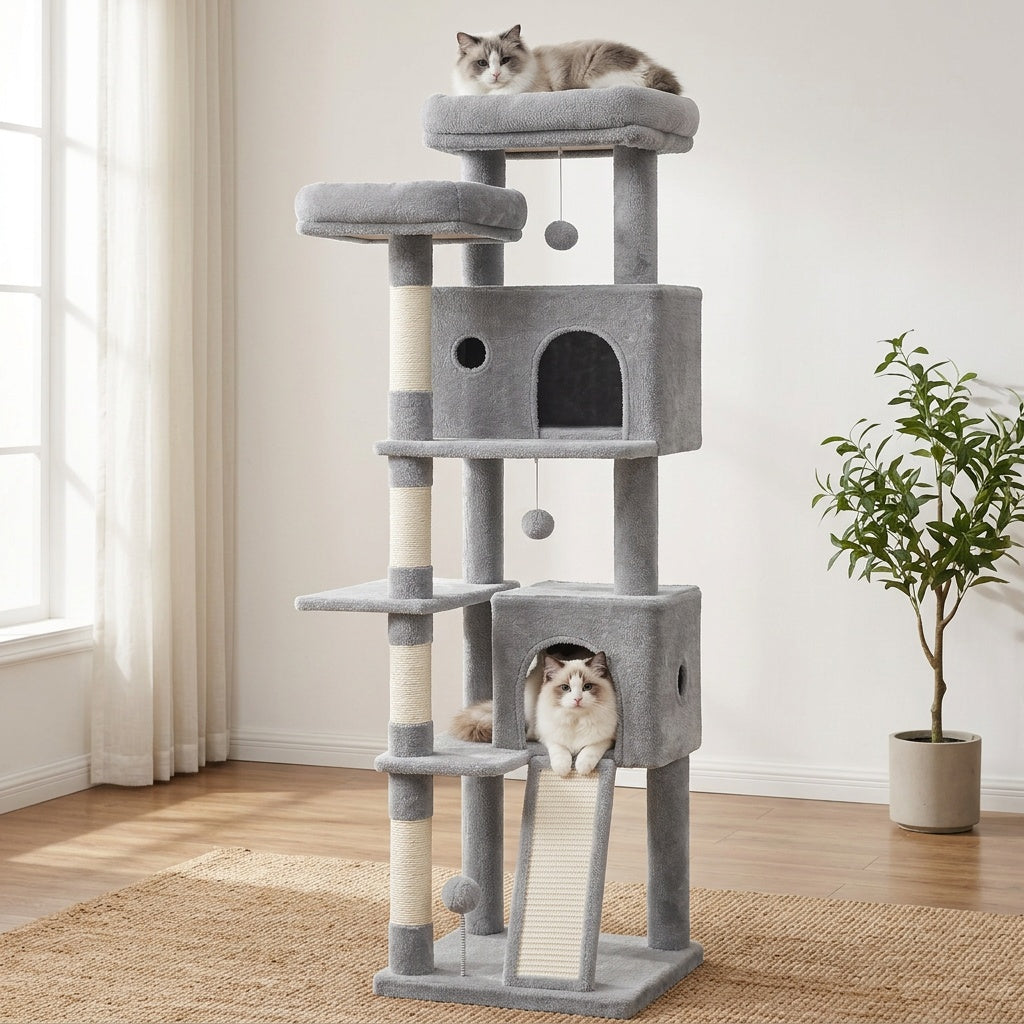 Grande Albero per Gatti, 152cm Tiragraffi, Robusto Albero per Gatti Grandi con Tiragraffi in Sisal, Tavola per Graffiare, 2 Comode Casetta per Gatti, 2 Piattaforme, Pompon, Area Riposo