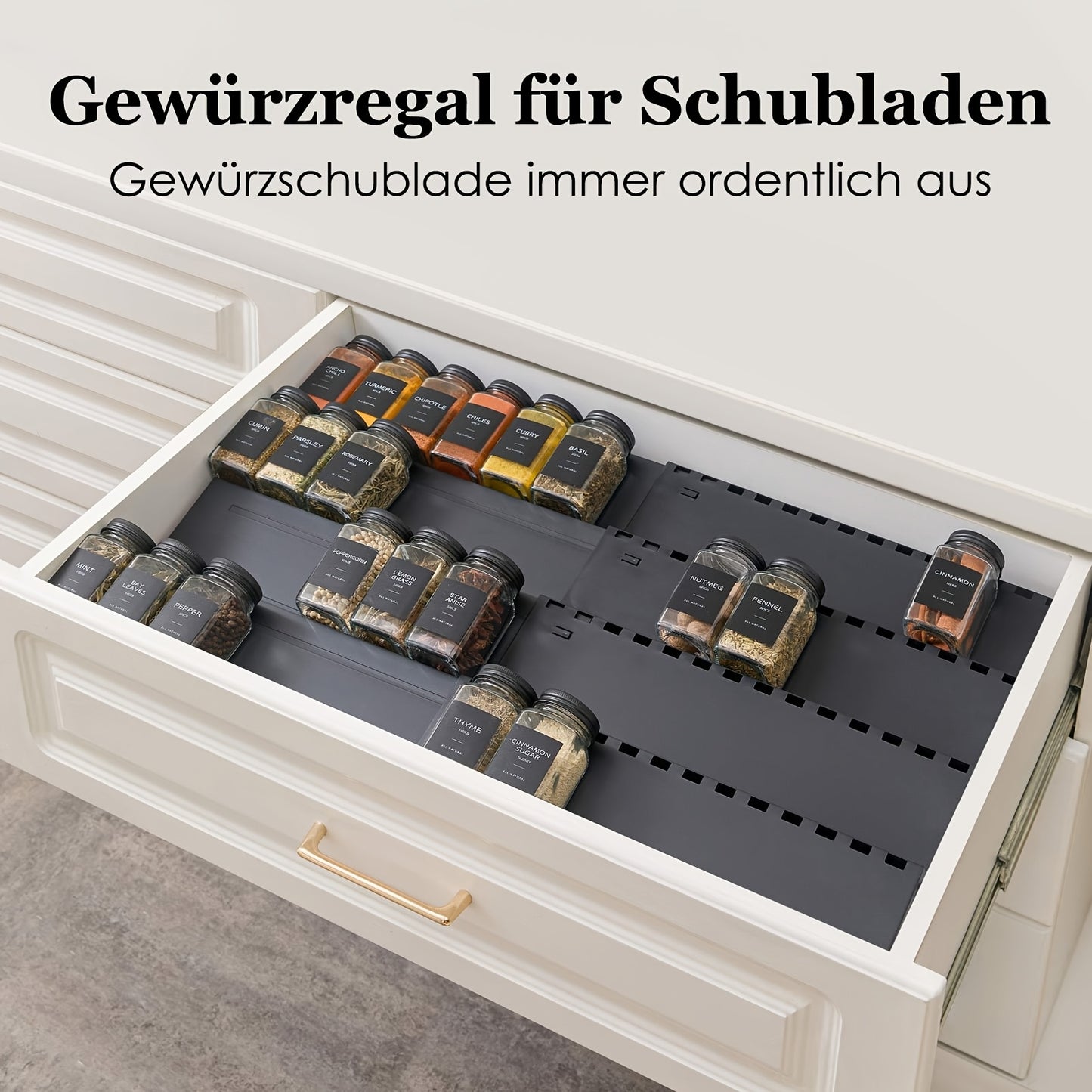 Porta Spezie da Cucina per Cassetti, Espandibile fino a 48 Bottiglie di Spezie, Scala Portaspezie, Contenitore per Spezie in Plastica, Set di 8 Organizzatori Estraibili, Per Cucine e Pensili