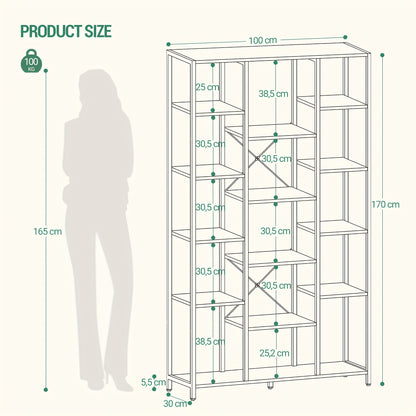Bookshelf, Scaffale Verticale Con 6 Livelli E 15 Ripiani, Ripiani Aperti Regolabili, Per Soggiorno, Ufficio, Camera Da Letto, 30 X 100 X 170cm, Marrone Scuro Vintage