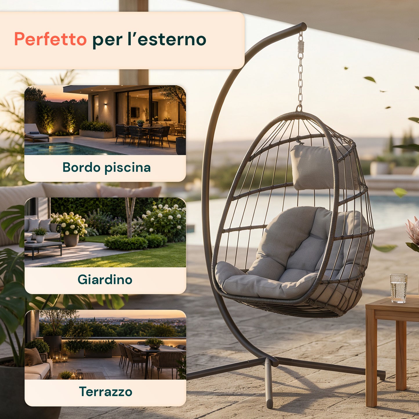 Poltrona Sospesa da Giardino Richiudibile con Cuscini Imbottiti in Acciaio Zincato e Effetto Rattan - Portata 160kg