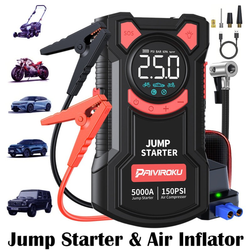 Avviatore di emergenza portatile per auto da 5000A di picco con compressore d'aria da 150PSI, caricabatteria per auto a 12V per fino a 10.0L benzina/9.0L diesel, ricarica rapida QC3.0, gonfiatore digitale per pneumatici e luce di emergenza a LED