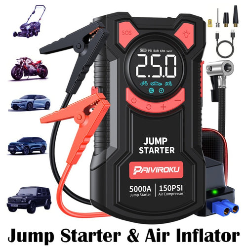 Avviatore di emergenza portatile per auto da 5000A di picco con compressore d'aria da 150PSI, caricabatteria per auto a 12V per fino a 10.0L benzina/9.0L diesel, ricarica rapida QC3.0, gonfiatore digitale per pneumatici e luce di emergenza a LED