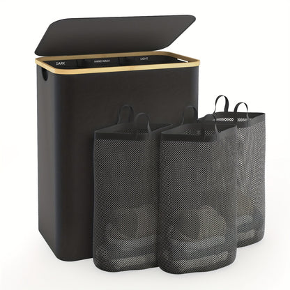 Cesto per Biancheria Riciclabile 160L, 3 Sacchetti Interni Rimovibili, 5 Etichette di Classificazione, Nero/Beige, Ideale per Piccoli Appartamenti, Dormitori Studenteschi, Bambù, Cesti per Biancheria