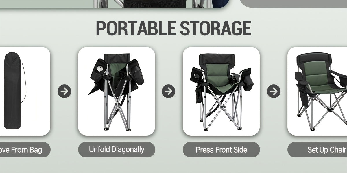 Sedia da campeggio, capacità 220 kg, sedia da campeggio pieghevole con borsa frigo, portabicchieri, borsa da trasporto, schienale alto, comodamente imbottita, sedia da pesca, sedia pieghevole per giardino, balcone, spiaggia, nero e verde/nero e grigio/ner