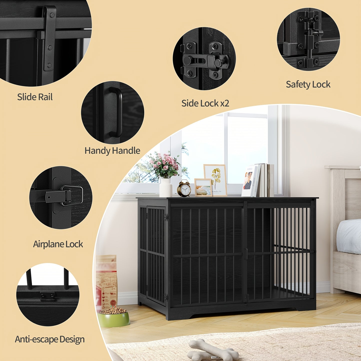 Gabbia per Cani Arredo, 110 cm Gabbia per Cani, 2 Ante, Gabbia Moderna per Interni, Adatta a Cani Piccoli/Medii/Grandi fino a 100 kg, Tavolino Laterale, Ante Scorrevoli Rinforzate, 65 x 110 x 81 cm, Nero/Bianco e Nero