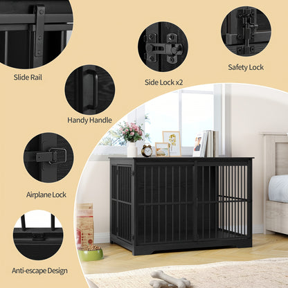 Gabbia per Cani Arredo, 110 cm Gabbia per Cani, 2 Ante, Gabbia Moderna per Interni, Adatta a Cani Piccoli/Medii/Grandi fino a 100 kg, Tavolino Laterale, Ante Scorrevoli Rinforzate, 65 x 110 x 81 cm, Nero/Bianco e Nero