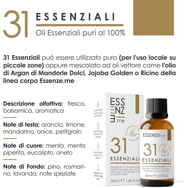 Olio alle 31 Erbe Balsamico e Defaticante, Miscela di 31 Oli Essenziali Concentrati, Puri e Naturali Multiuso per Massaggi, Suffumigi, Aromaterapia, Cura della Pelle e Capelli. Essenze 50ml