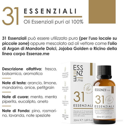 Olio alle 31 Erbe Balsamico e Defaticante, Miscela di 31 Oli Essenziali Concentrati, Puri e Naturali Multiuso per Massaggi, Suffumigi, Aromaterapia, Cura della Pelle e Capelli. Essenze 50ml