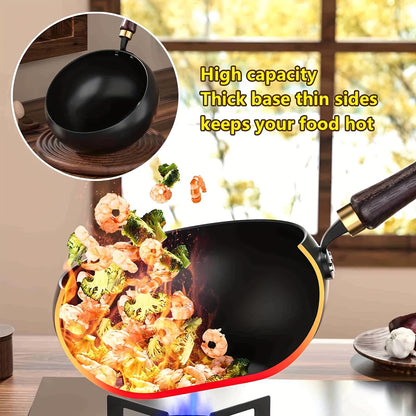 1 Pentola Grande in Ferro con Coperchio e Manico in Legno, con Distribuzione Rapida e Uniforme del Calore. Pentola Profonda con Rivestimento Antiaderente, Perfetta per Saltare in Padella in Modo Sano, Casseruola per Cuocere a Fuoco Lento le Zuppe