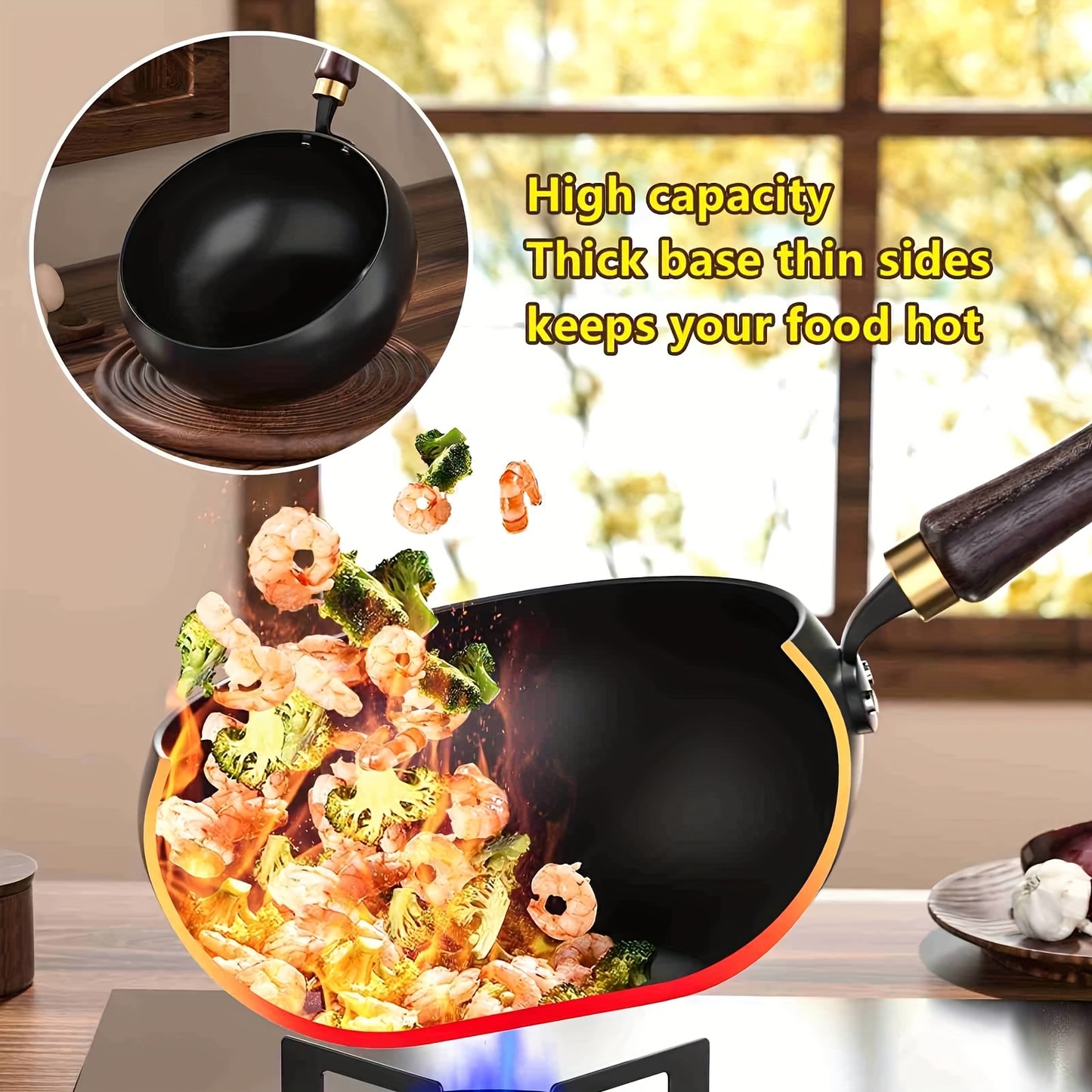 1 Pentola Grande in Ferro con Coperchio e Manico in Legno, con Distribuzione Rapida e Uniforme del Calore. Pentola Profonda con Rivestimento Antiaderente, Perfetta per Saltare in Padella in Modo Sano, Casseruola per Cuocere a Fuoco Lento le Zuppe