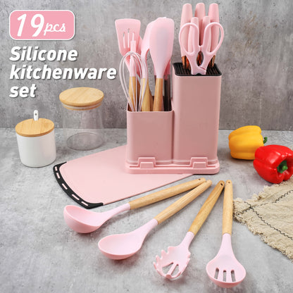Set da 19 pezzi, Coltello da cucina, Set da cucina, Set di utensili da cucina (con manici in legno), Set di cottura di sicurezza, Set di utensili da cucina antiaderenti, Pentole moderne lavabili, Utensili da cucina, Adatto per regali di Natale e Halloween