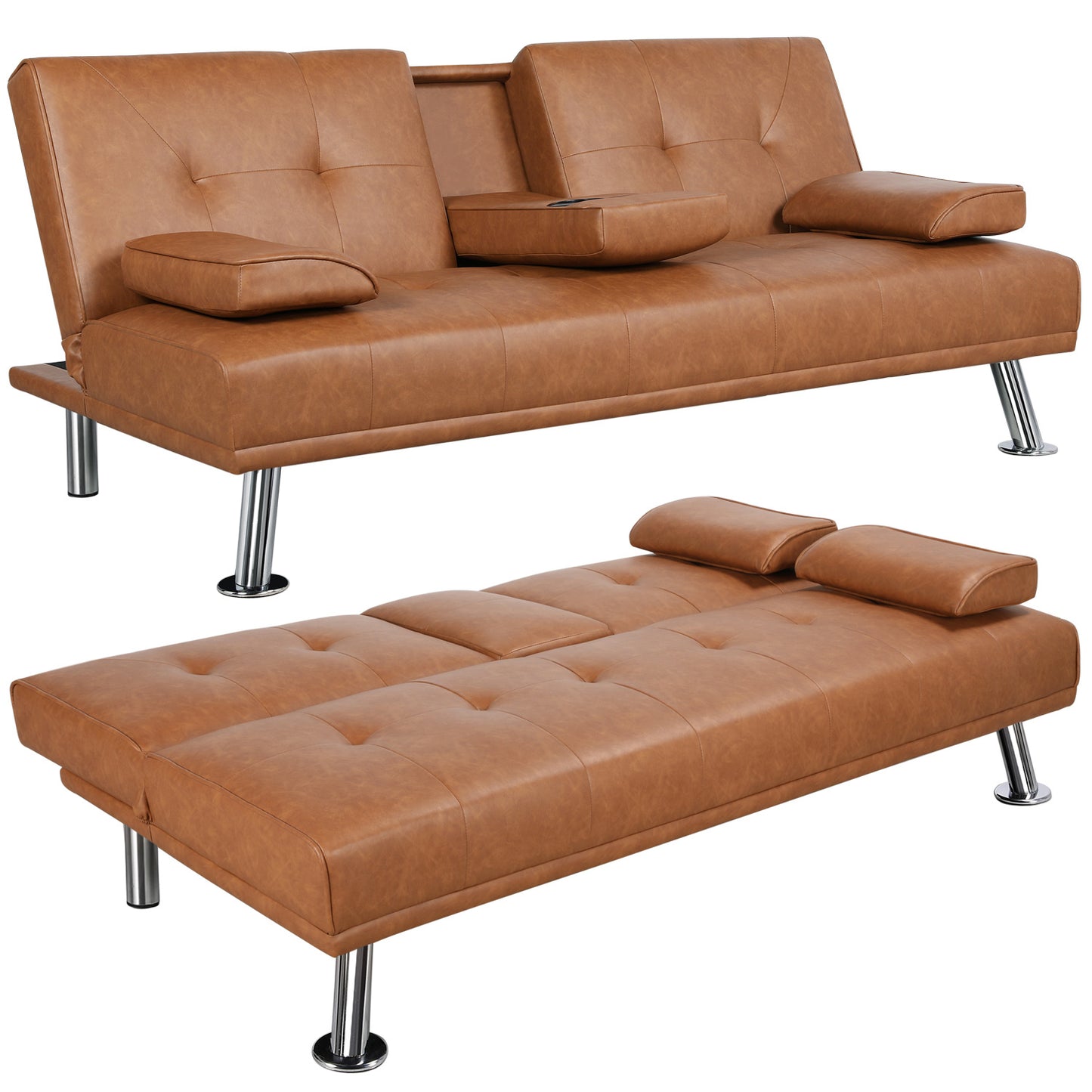 Costoffs Divano Letto a 3 Posti Divano Trasformabile con 2 Braccioli Staccabili Mobile Imbottito con Supporto Centrale Porta Bicchieri Divanetto Reclinabile da Salotto