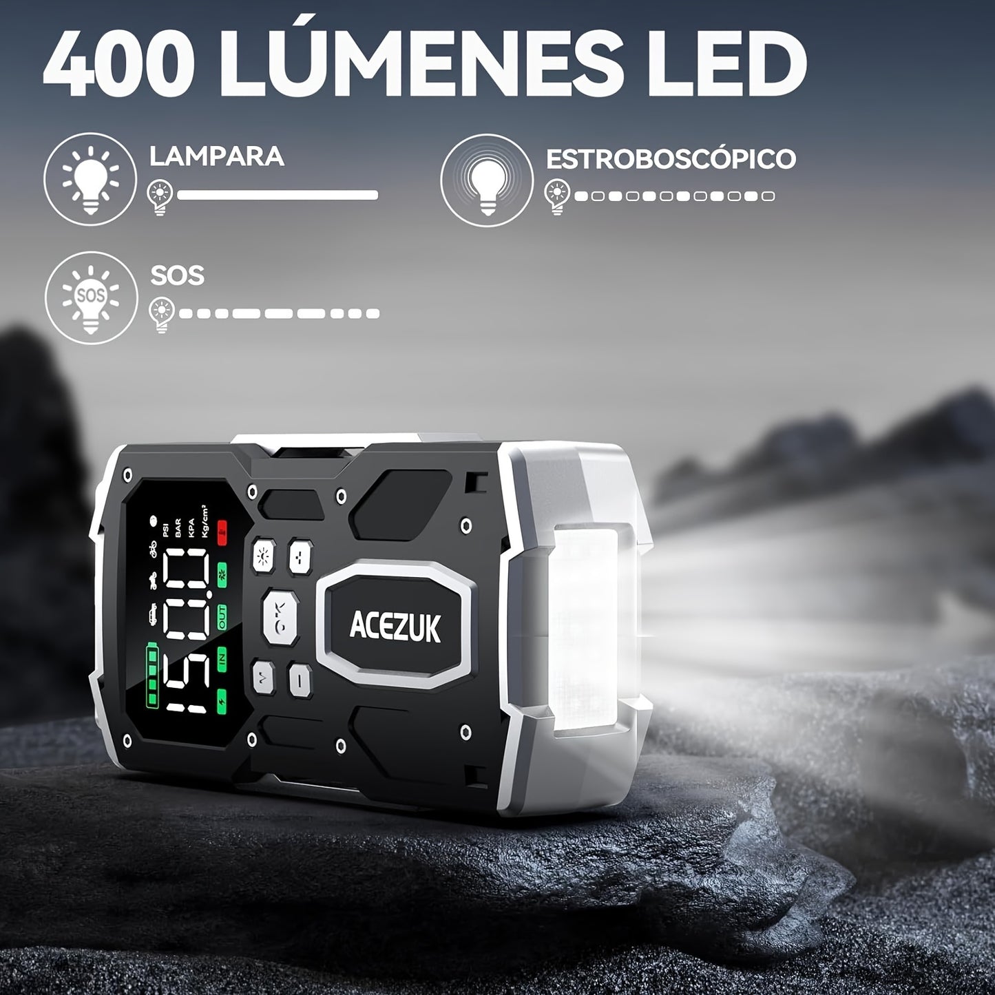 Avviatore di emergenza per auto 12000A con compressore d'aria, booster batteria 12V per tutti i motori a benzina/diesel da 10L, gonfiatore portatile per pneumatici con display LCD, luce LED QC3.0, per SUV, camion, moto con custodia