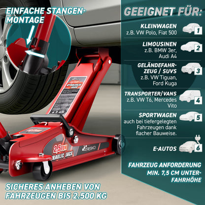 Cric idraulico per auto TRESKO® 2.5 - 3T | Cric idraulico per spostamento auto e SUV con ruote piane e a 360°, include 2 guarnizioni in gomma, tappetino protettivo, guanti