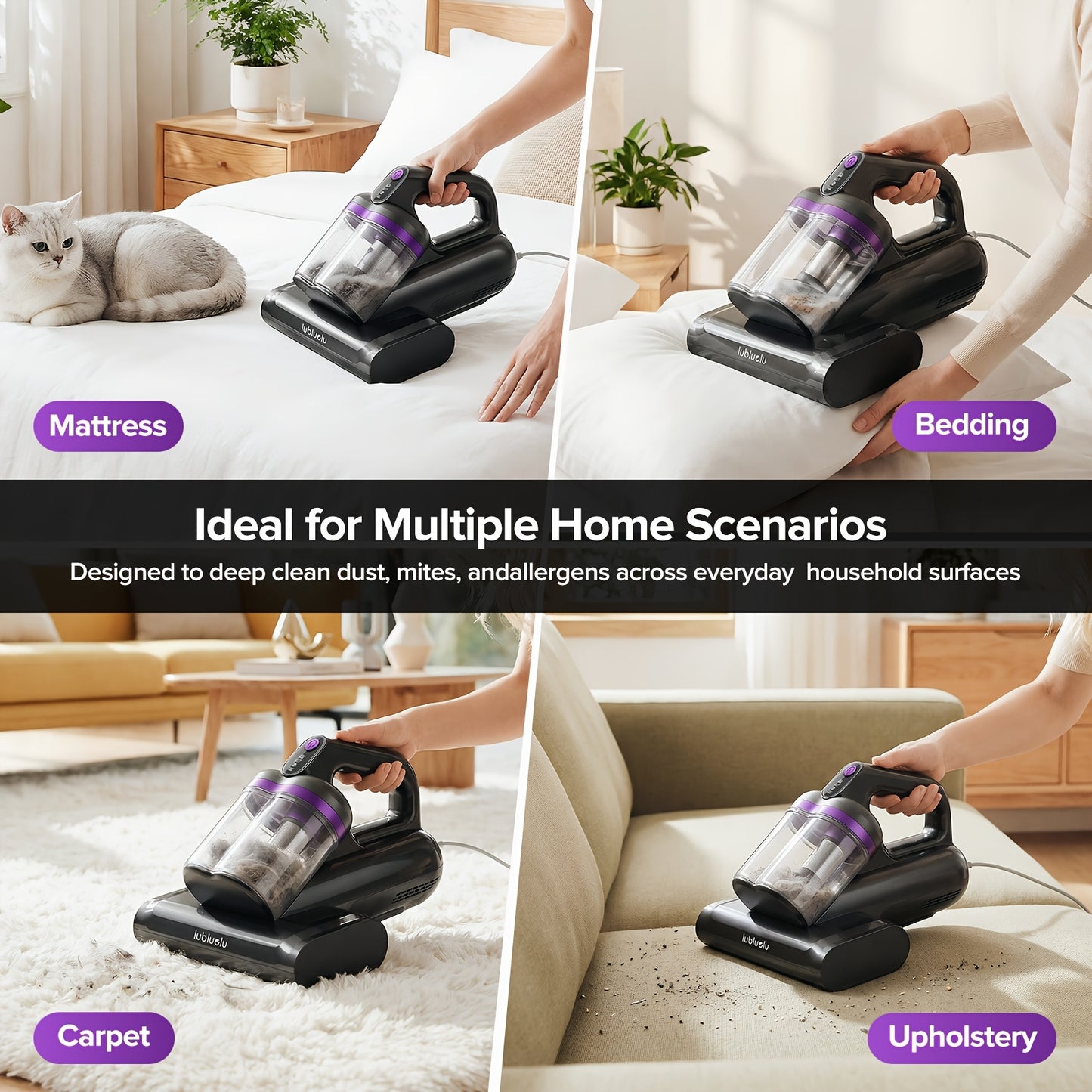 Aspirapolvere Lubluelu per acari del materasso, aspirapolvere per letto 3 in 1 con motore da 350W, aspirazione 24kPa, flusso d'aria 100AW, rimozione acari con tecnologia a onde sonore, spazzola a rullo, asciugatura ad aria calda, ampio contenitore per la