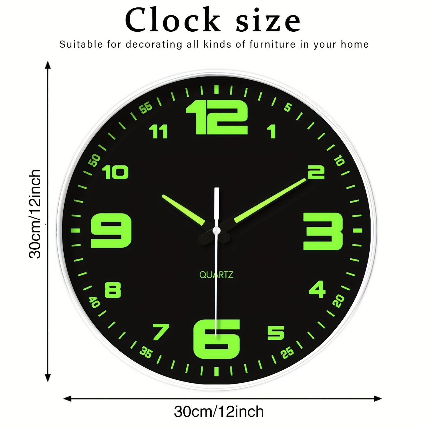 Orologio da parete silenzioso a 12 pollici con numeri che si illuminano al buio, numeri e lancette luminose che assorbono l'energia, 20,32-40,64 cm, in plastica senza ticchettio, a batteria, per soggiorno, camera da letto, ufficio, decorazioni da parete,
