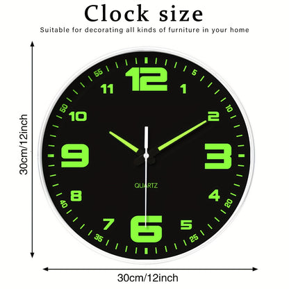 Orologio da parete silenzioso a 12 pollici con numeri che si illuminano al buio, numeri e lancette luminose che assorbono l'energia, 20,32-40,64 cm, in plastica senza ticchettio, a batteria, per soggiorno, camera da letto, ufficio, decorazioni da parete,