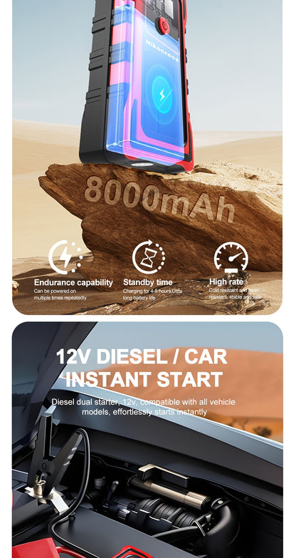 Avviatore d'emergenza per auto 6000A-8000A, display a LED, torcia a LED, ricarica rapida USB, batteria integrata ad alta capacità, portatile e facile da usare, avviatore per auto