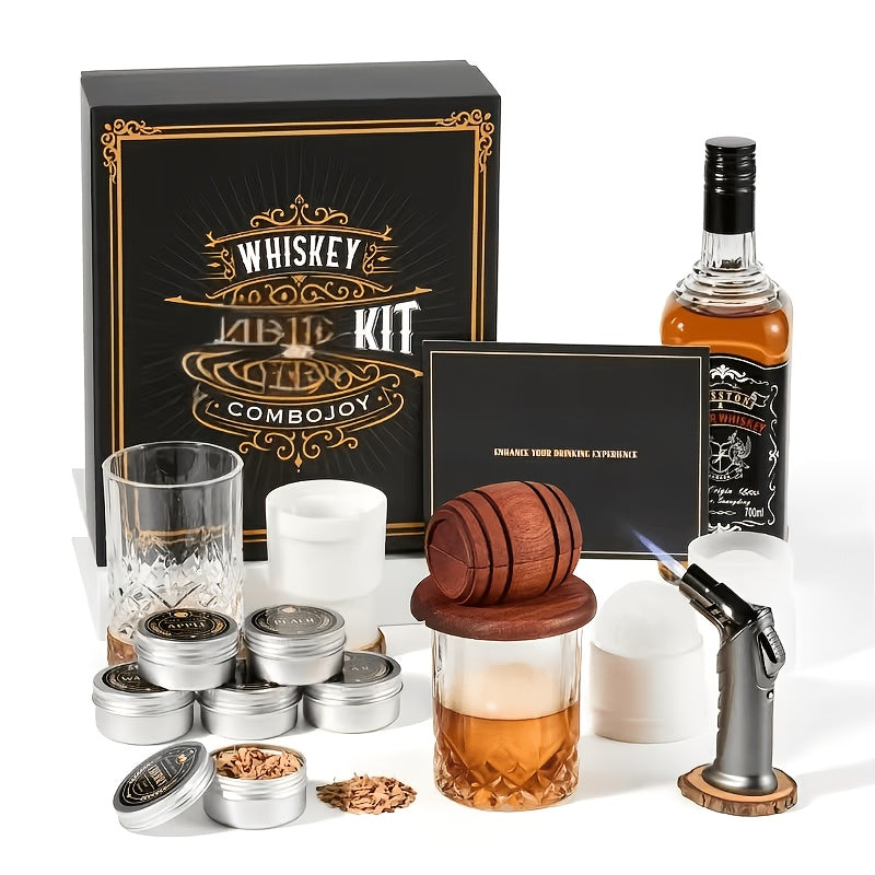 Kit per affumicare il whiskey con torcia - 6 pezzi di legno aromatizzati, 2 bicchieri, 2 stampi per il ghiaccio - Kit infusore per affumicare cocktail, kit per affumicare drink Old Fashioned, regali di compleanno per bourbon whiskey per uomini, papà (senz