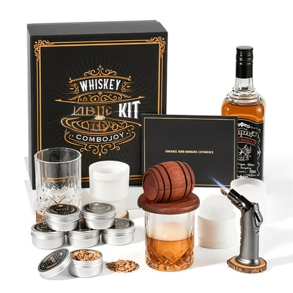 Kit per affumicare il whiskey con torcia - 6 pezzi di legno aromatizzati, 2 bicchieri, 2 stampi per il ghiaccio - Kit infusore per affumicare cocktail, kit per affumicare drink Old Fashioned, regali di compleanno per bourbon whiskey per uomini, papà (senz