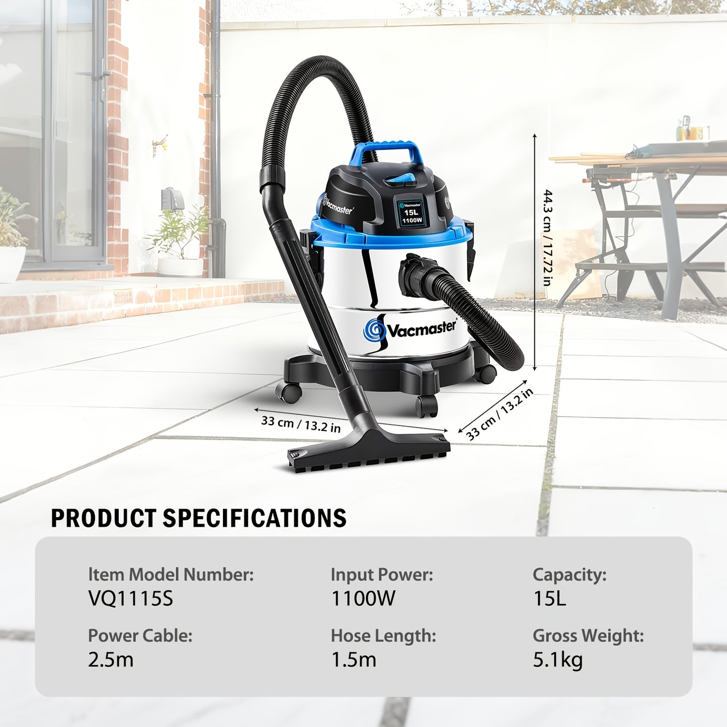 Aspirapolvere industriale per liquidi e solidi, funzione di soffiaggio, aspirazione senza sacco per pavimenti asciutti e bagnati, acciaio inossidabile, 1100W 18L
