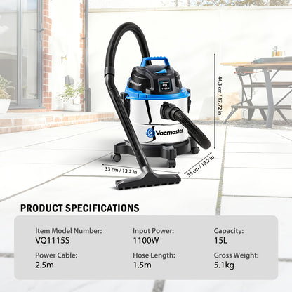 Aspirapolvere industriale per liquidi e solidi, funzione di soffiaggio, aspirazione senza sacco per pavimenti asciutti e bagnati, acciaio inossidabile, 1100W 18L