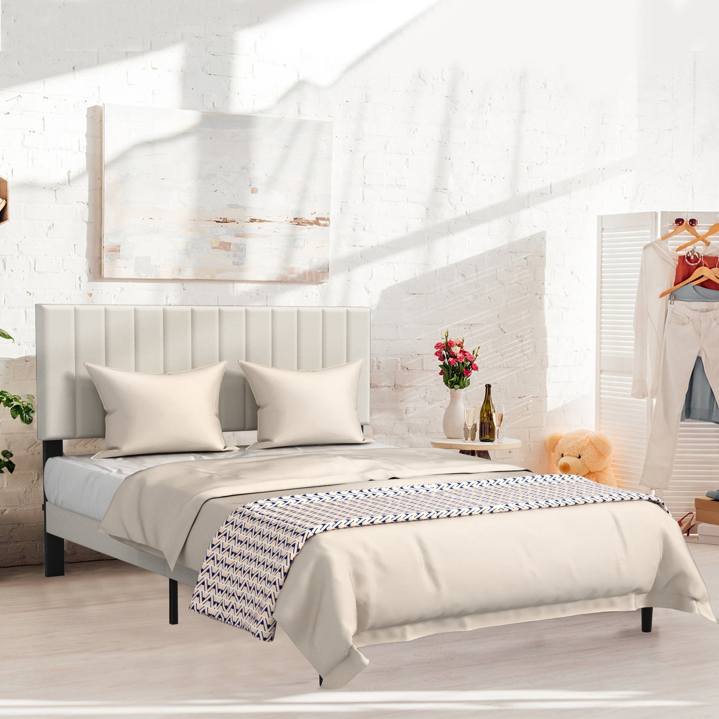 Letto con Bottoni, Letto Imbottito - Struttura a Piattaforma con Testiera in Velluto Imbottito, Supporto a Doghe in Legno, Letto Matrimoniale per Adulti, Design Moderno, Beige, 90/140/160 x 200 cm