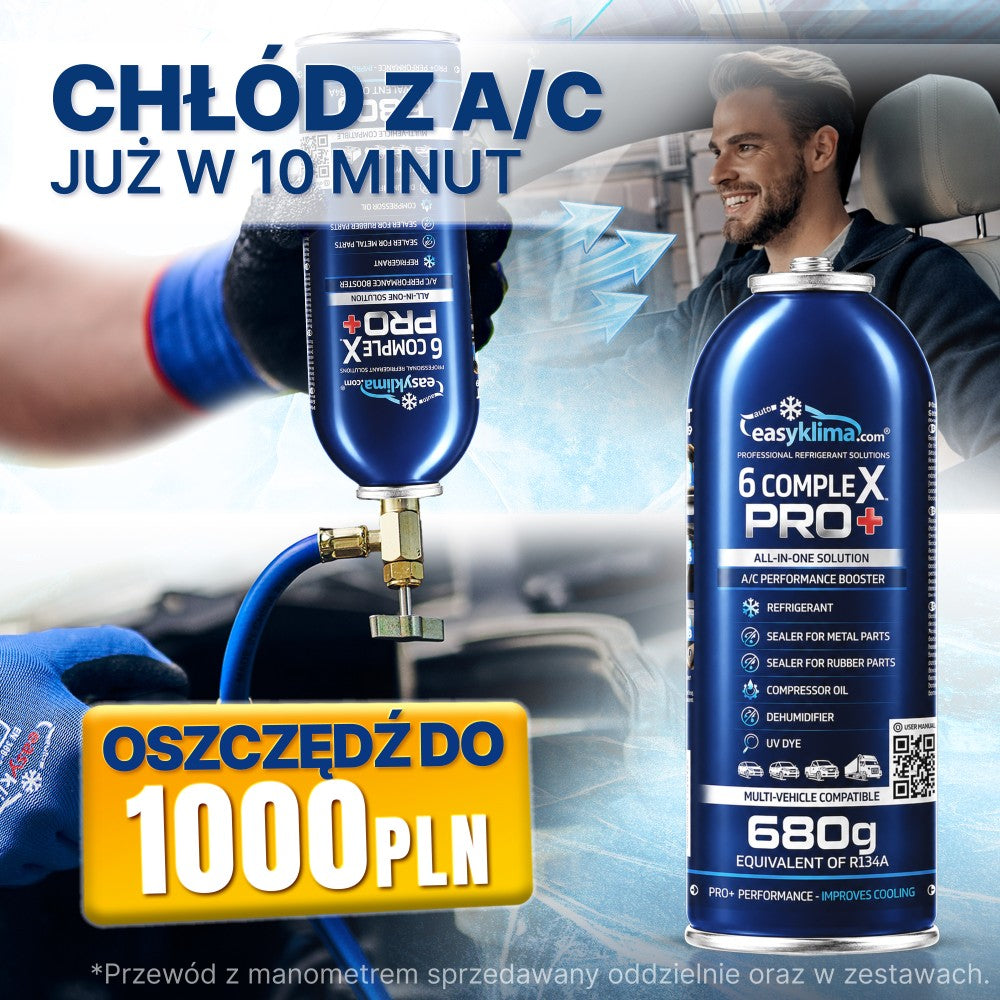 Kit 2x EasyKlima 6 Complex PRO+ R134a 6 in 1, due preparati per aria condizionata automobilistica, bombola da 680 g, agente di ricarica per impianti, sigillante per gomma e metallo, olio per compressore, essiccante per riduzione umidità, colorante UV per