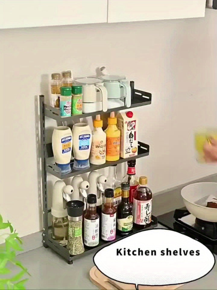 Porta Spezie Verticale a Tre Ripiani, Portaoggetti da Cucina Dorato, Altezza Regolabile, Adatto per Cucina, Armadietti, Pensili da Bagno (Grigio, Nero)
