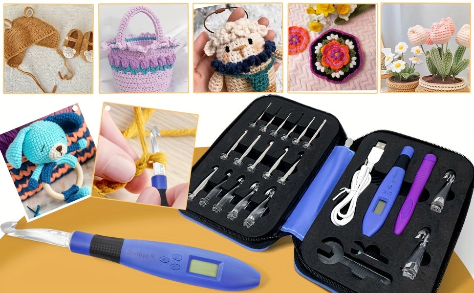 Kit per Uncinetti da 18 in 1 con Contatore e Luce LED, Chiave Grande/Piccola, Manico di Ricambio e Borsa Portautensili, Ideale per Maglia a Uncinetto e Aro