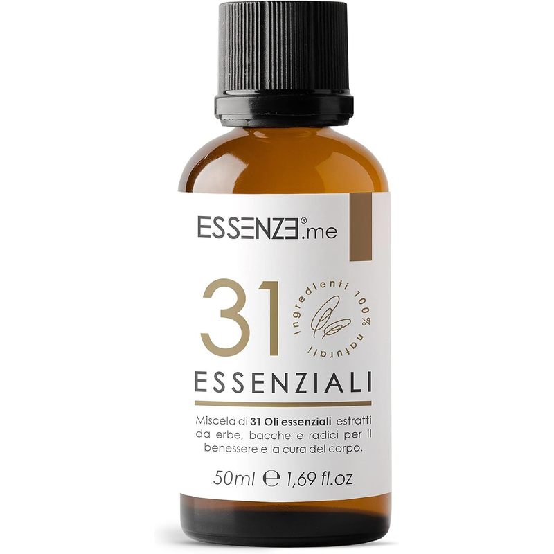 Olio alle 31 Erbe Balsamico e Defaticante, Miscela di 31 Oli Essenziali Concentrati, Puri e Naturali Multiuso per Massaggi, Suffumigi, Aromaterapia, Cura della Pelle e Capelli. Essenze 50ml