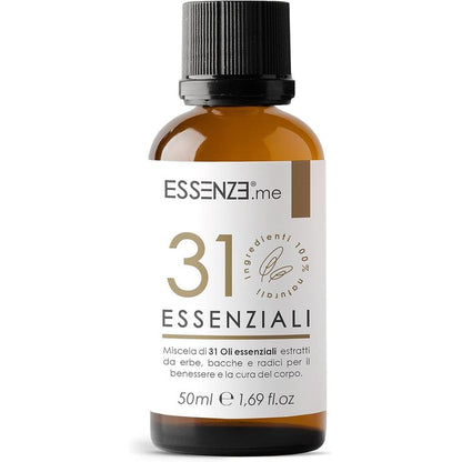 Olio alle 31 Erbe Balsamico e Defaticante, Miscela di 31 Oli Essenziali Concentrati, Puri e Naturali Multiuso per Massaggi, Suffumigi, Aromaterapia, Cura della Pelle e Capelli. Essenze 50ml